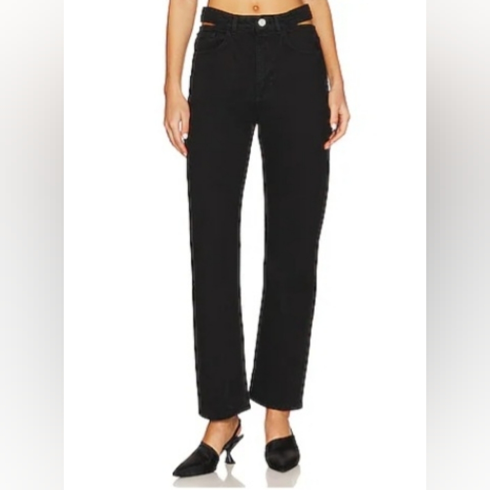 Frame Le High N Tight Straight Cut Out in Film Noir Size 28